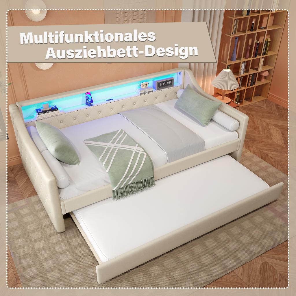 Tagesbett, 90 x 200cm, Schlafsofa, Tagesbett mit Lattenrost (ohne Matratze), Mit LED-Leuchten, Bett mit Ausziehbett, USB-Ladeanschluss, Leinen, Beige