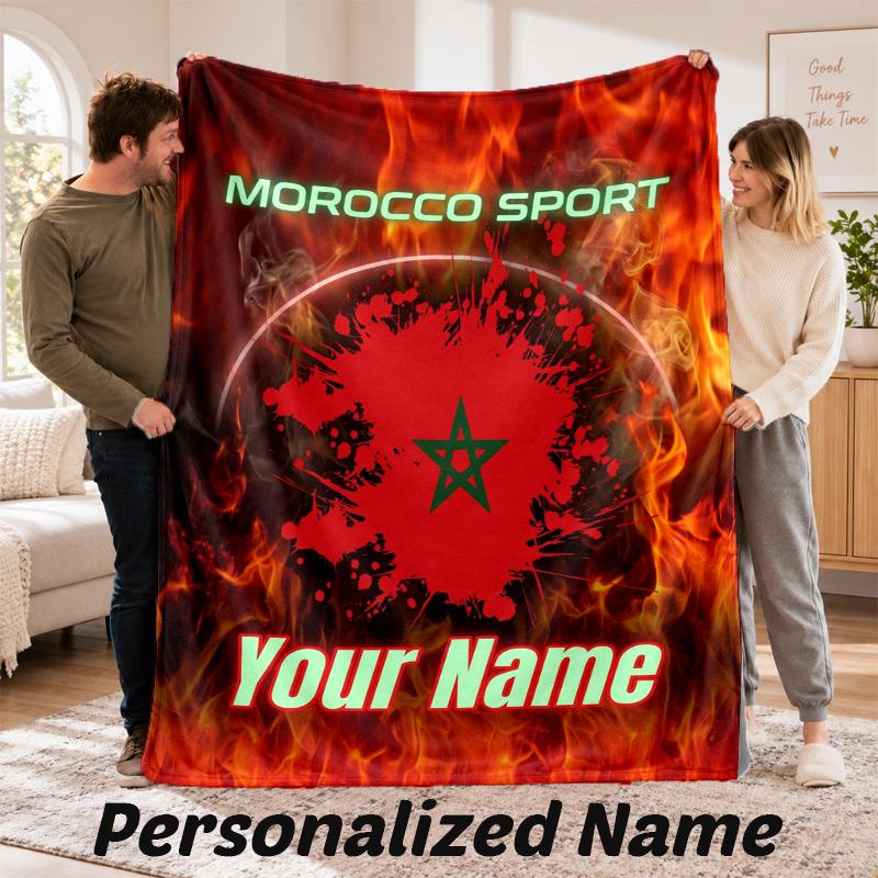 Morocco Football Personalized Flannel Blanket Custom Name Text Soft Throw Blanket Home Decor