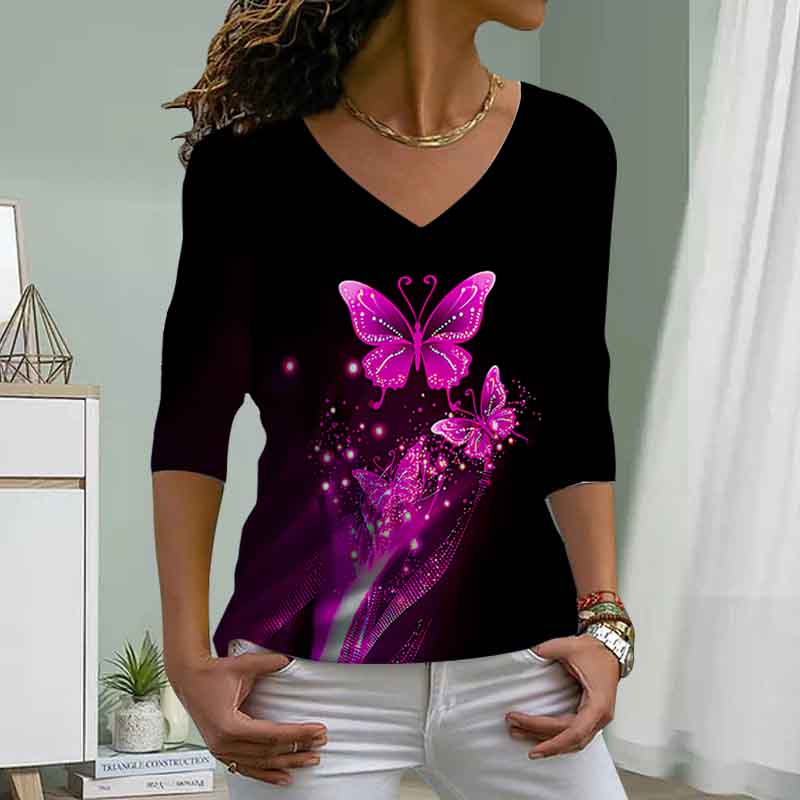 Pink Butterfly Print Women Tshirts Ladies Tops Long Sleeve V-neck Pullover Femme T-shirts T Shirt For Women