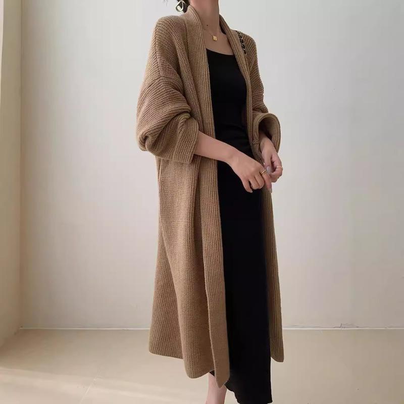 Autumn and winter new medium and long knitted cardigan women's loose lazy style commuting versatile sweater jacket