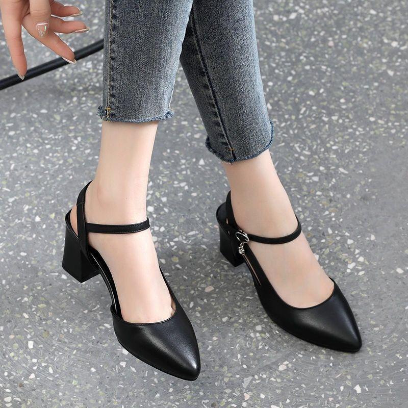 Sandály s ostrým špičkou pro ženy Jarní Korejské Silný podpatek Pásek s jednou přezkou Ležérní Jednoduché boty