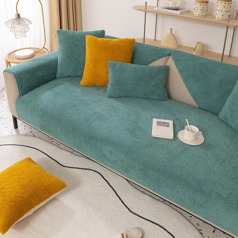 Solid Color Sofa Cover Fall And Winter Imitation Lamb Down Thicken Sofa Cushion Home Decor Living Room Anti-Slip Couch Cover