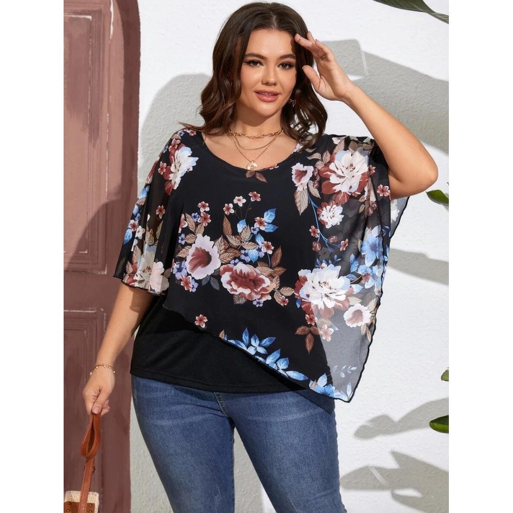 Plus Size Women's Chiffon Shawl Fake Two Piece T-Shirt
