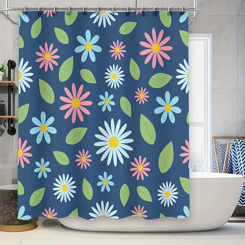 

Blue Floral Shower Curtain With Green Leaves Pink Flowers Decorative Bath Mat Waterproof Home Bathroom Accessory For Kids W60H190(CM)-1 Pcs