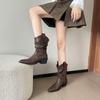 Matching Skirt Barn Cutters Knight Boots Maillard Skinny Thick Heel Pointed Boots Vintage Sleeve Pile Boots