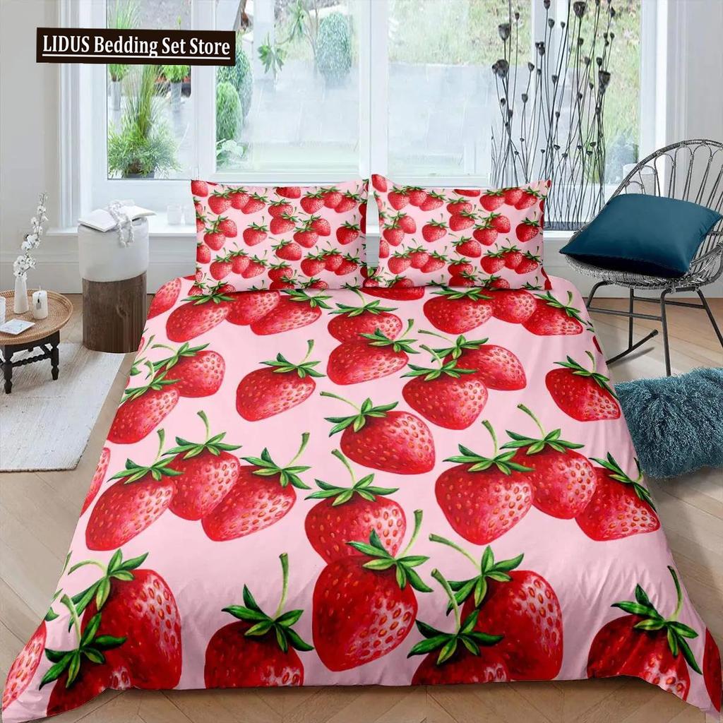 Strawberry Duvet Cover Set Girl King Size Comforter Cover Set Red Strawberry Bedding Set Food Fruit Quilt Cover For Kids Gift