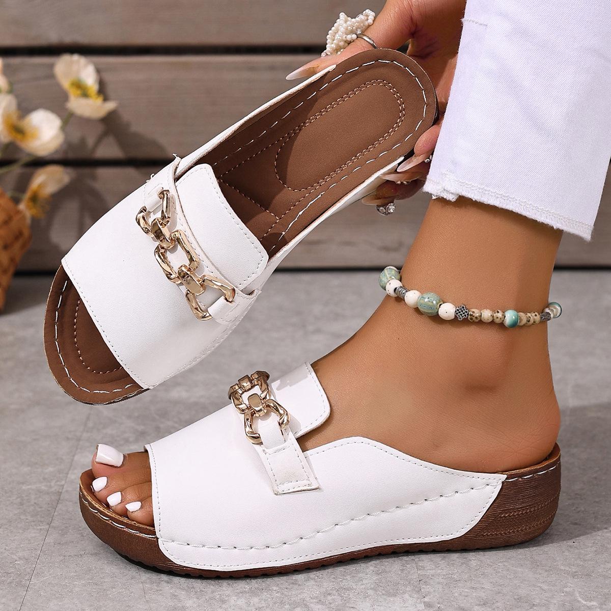 

Large size metal decorative slope heel thick bottom slippers female fish mouth word beach cool slippers 35 білий