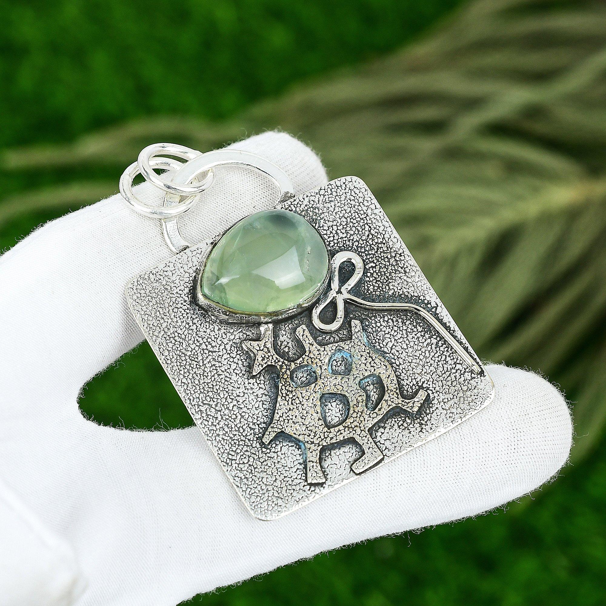 

Friendship Day Sale Prehnite Stone 925 Silver Bezel Handcrafted Wedding Pendant