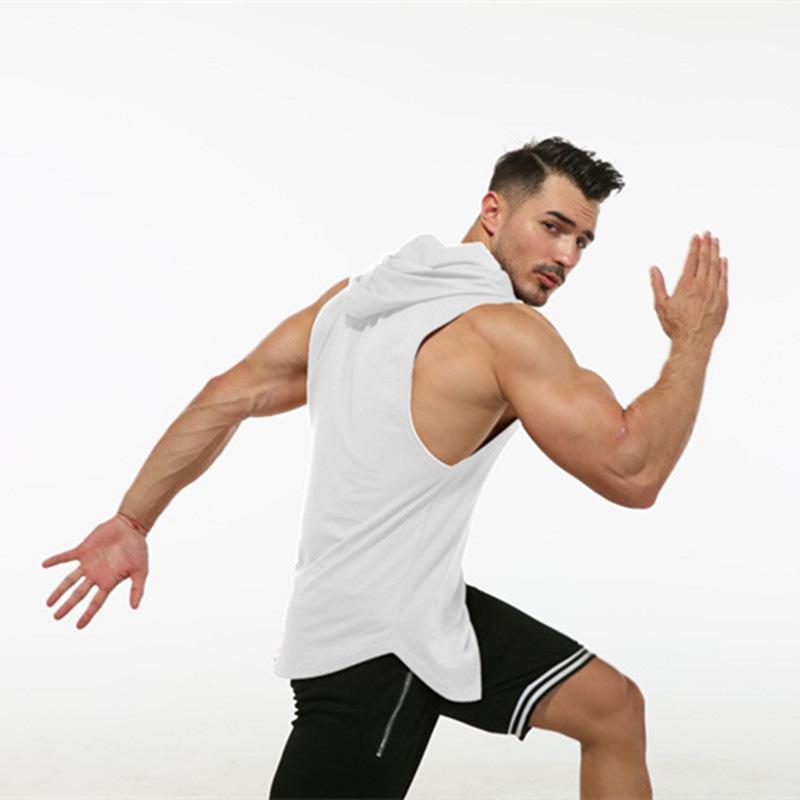 Men's Sleeveless Hooded Fitness Sweatshirt with Elastic Round Hem