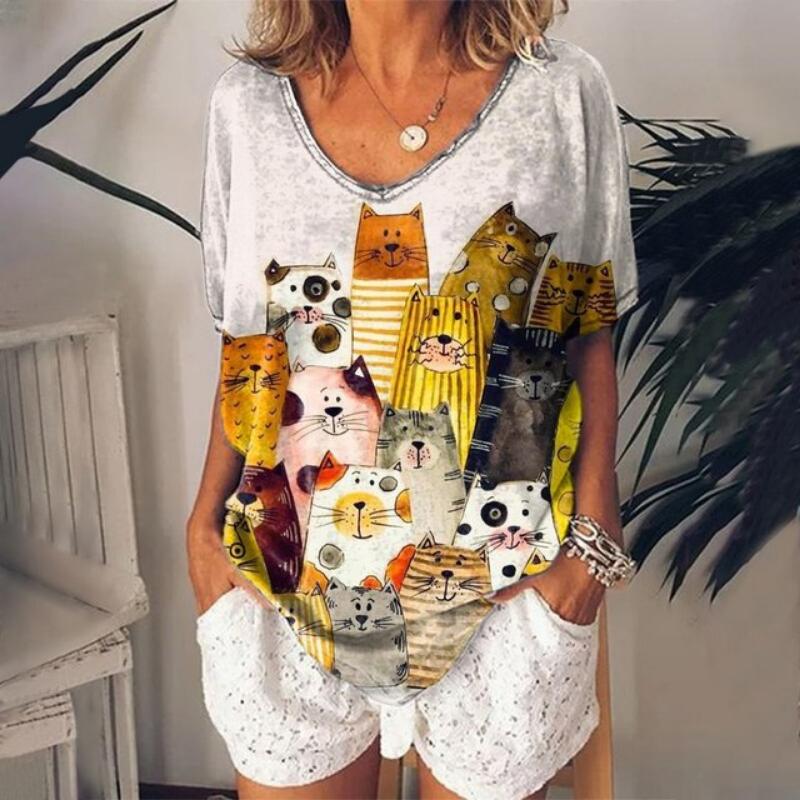 Women's 3d Cats Print T-Shirt Fashion Woman Blouses 2023 Funny Kawaii V-Neck T Shirt Female Clothing Oversized Summer Tops Tees