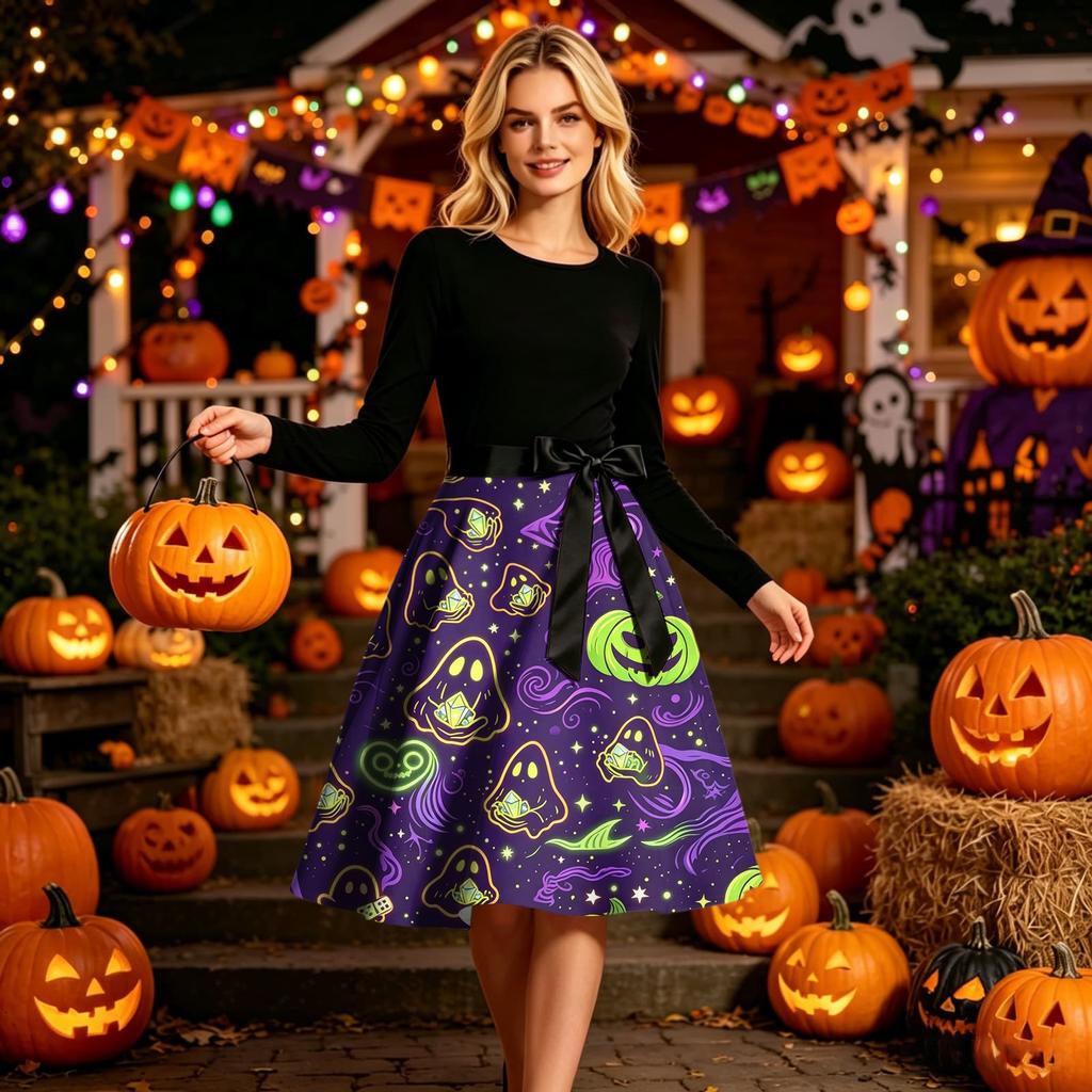 Womens Halloween Dress Long Sleeve Round Neck Casual Dress with Printed Pumpkin and Ghost Pattern Vintage Style Midi Dress with Waist Tie