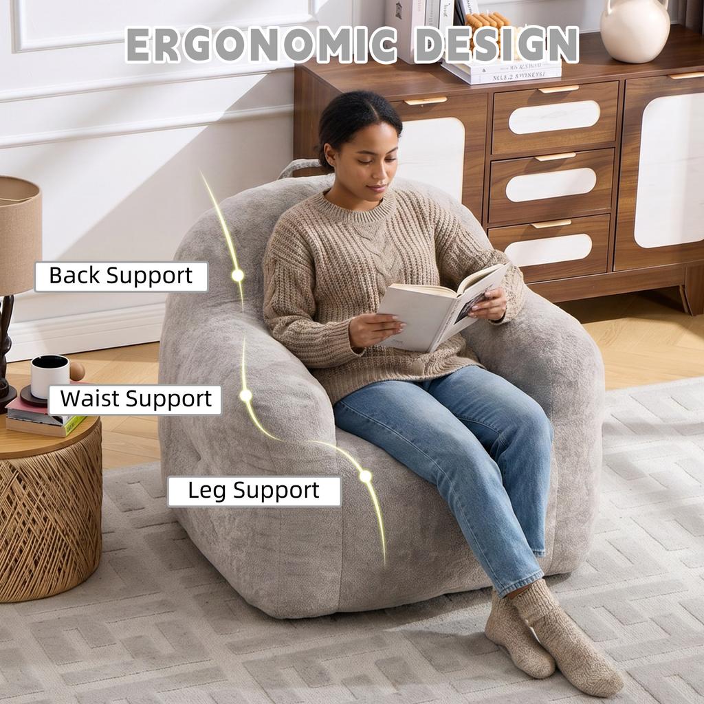 Bean Bag Chair with Shredded Sponge Filler ,Faux Fur Beanbag Sofa with Armrests , for Living Room, Bedroom & Reading,No Assembly Required ,Light Grey