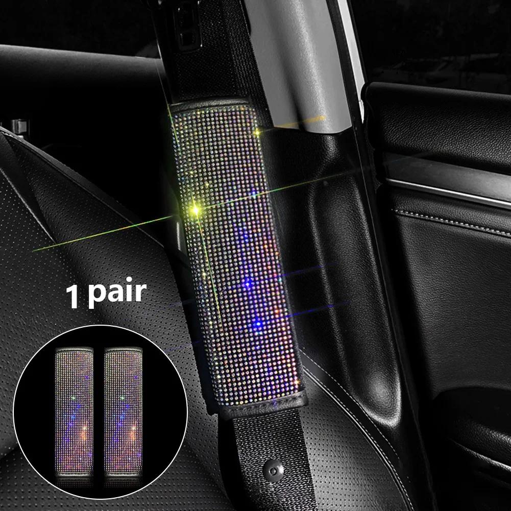 2PCS Bling Rhinestone Crystal Universal Car Seat Belt Pads Cover Soft Comfort Plush Shoulder Strap Harness Pad for Car Bag 2Pack