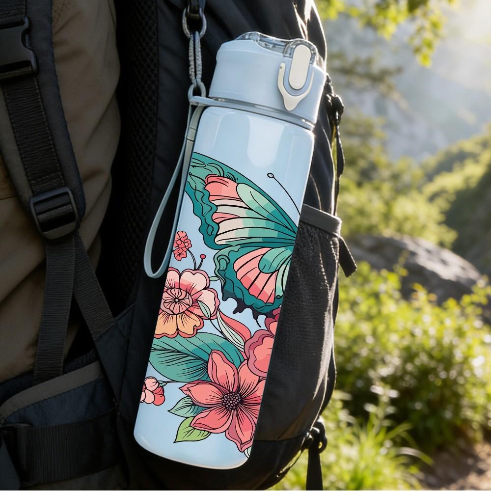 1PC Colorful Butterfly Pink Wildflower Floral Art 750ml Color Plastic Sports Water Bottle Leakproof Flip Straw Lid Suitable for Sports Office Home Use
