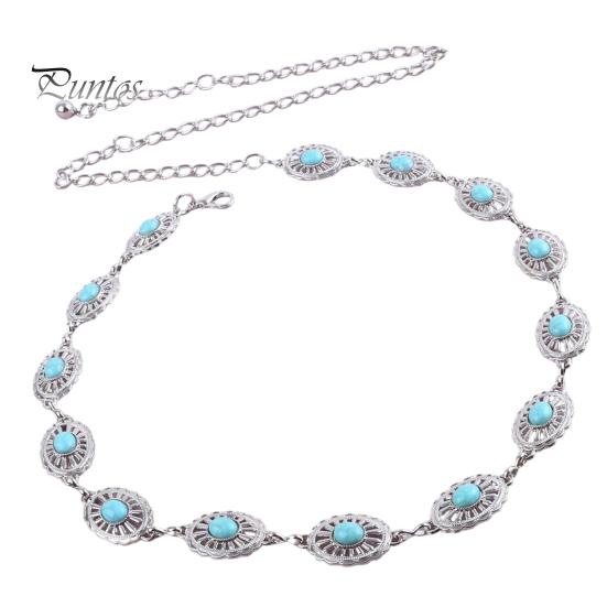 Exotic Lace Metal Ring Belt Waist Chain for Women, Adjustable Fit Waistband with Turquoise Decor, High Retro Ethnic Style Dresses Skirts Beachwear