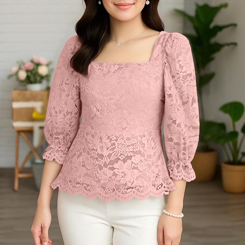 

ZANZEA Женская повседневная летняя блузка с квадратным вырезом и рукавами 3/4, с кружевной отделкой S розовый