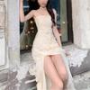 Gentle Wind Sweet Long Dress Spring and Summer Waist Thin Design Sense Flower Splicing Wavy Edge Fairy Suspender Dress