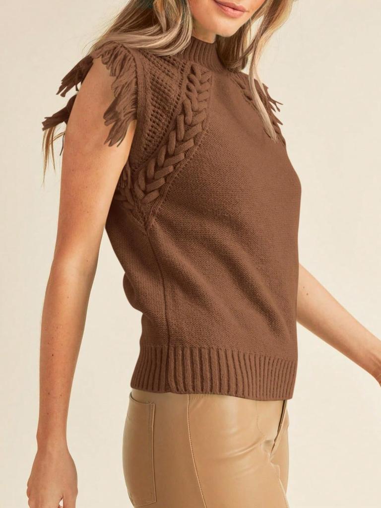 Vestă pulover tricotată cu torsade pentru femei, guler înalt, franjuri, stil boho, fără mâneci, pulover, maiou