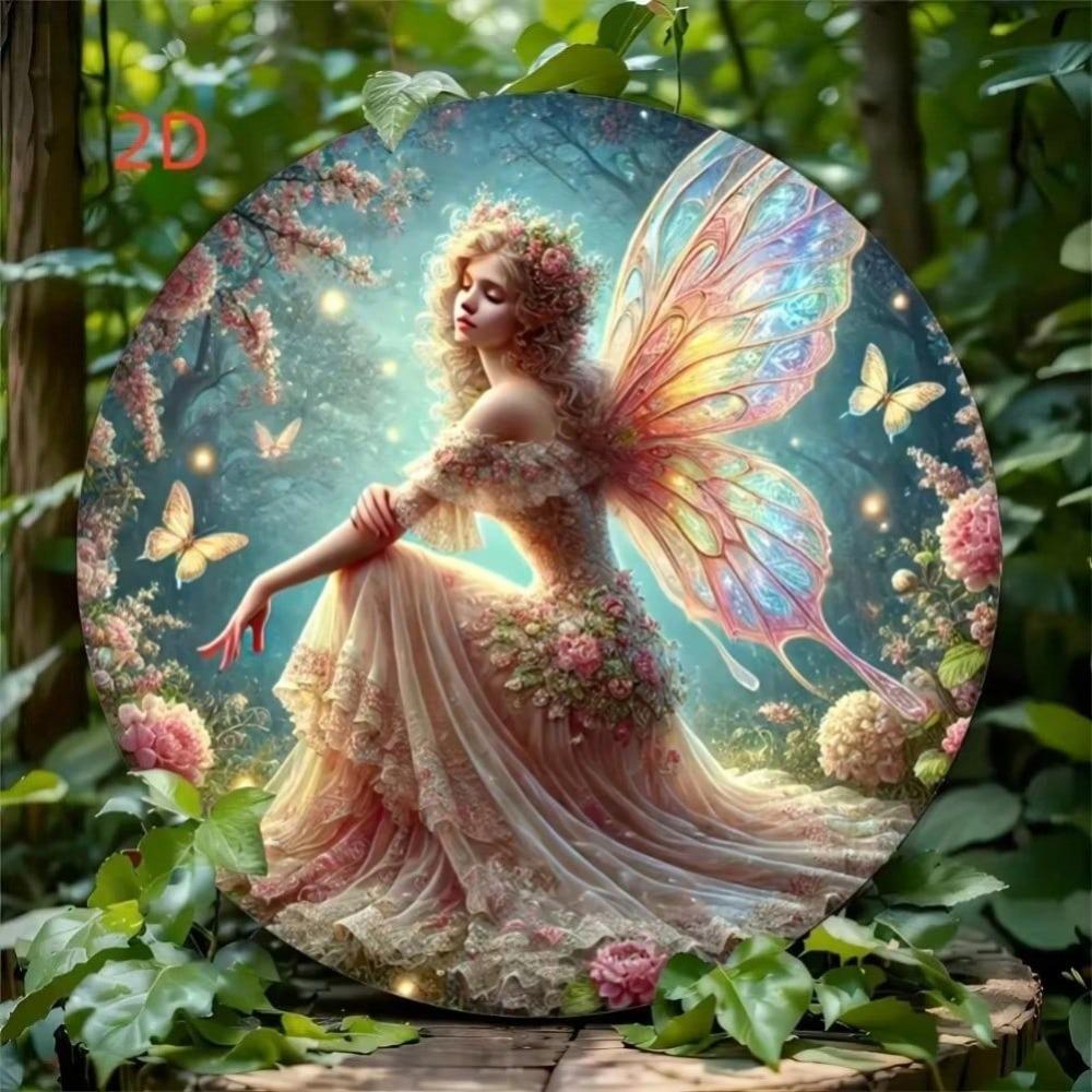 Fairy Forest Round Metal Sign 2D Wall Art Magical Floral Butterfly Decor for Home Cafe Bar