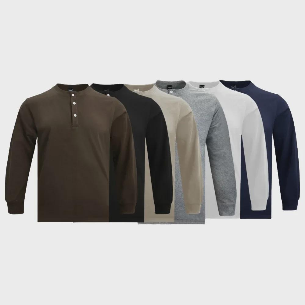 Men's Slim Fit Khaki Henley: 320g Cotton, Long Sleeve, Retro Style for Autumn