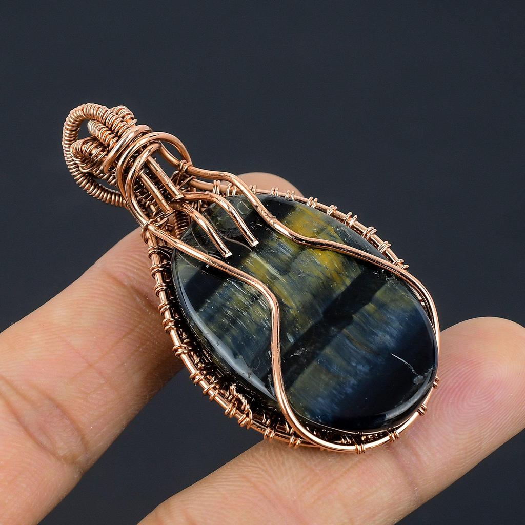 Blue Tiger Eye Pendant, 999 Copper Wire Wrapped Pendant Jewelry. Gift For Women Handmade Pendant Gemstone Jewelry
