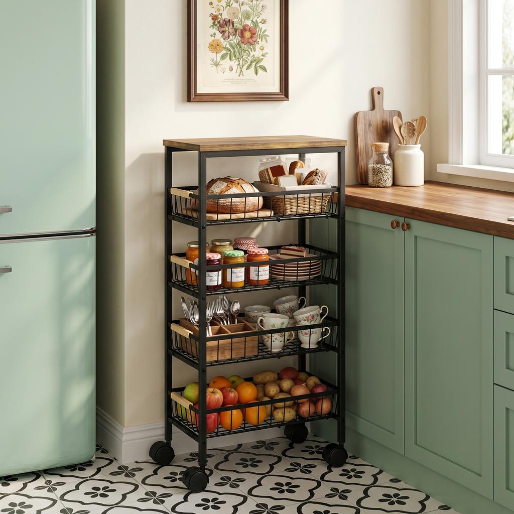 Metal Kitchen Trolley 4 Tier Storage Trolley With Pull Out Baskets And 4 Swivel Casters For Kitchen Rustic Brown