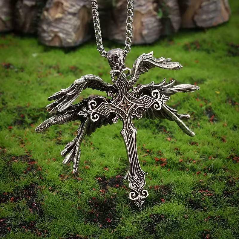 Retro Six-Winged Angel Cross Pendant Necklace: Trendy, Versatile European & American Jewelry