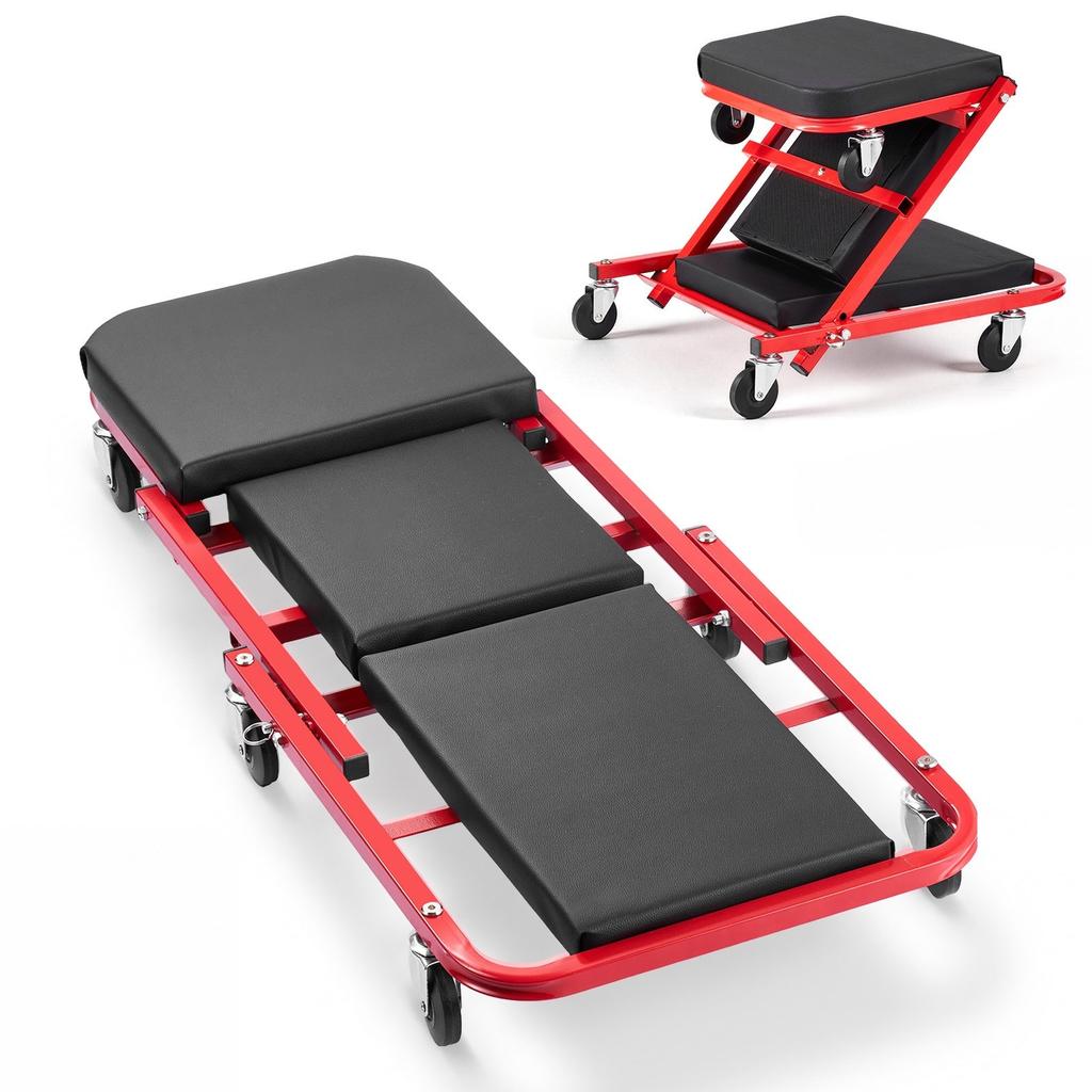 1010mm 2-in-1 Folding Mechanic Creeper, Z Creeper Seat & Under Car Garage Roller, 204 kg Rolling Creeper Stool with 6 Swivel Casters, Padded Headrest