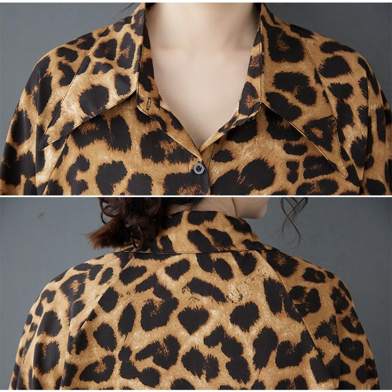 DIMANAF 2025 Dámská Letní Nadměrná Košile Blůza Dlouhý Rukáv Knoflíky Módní Leopardí Topy Trička Volná Nová Blůza