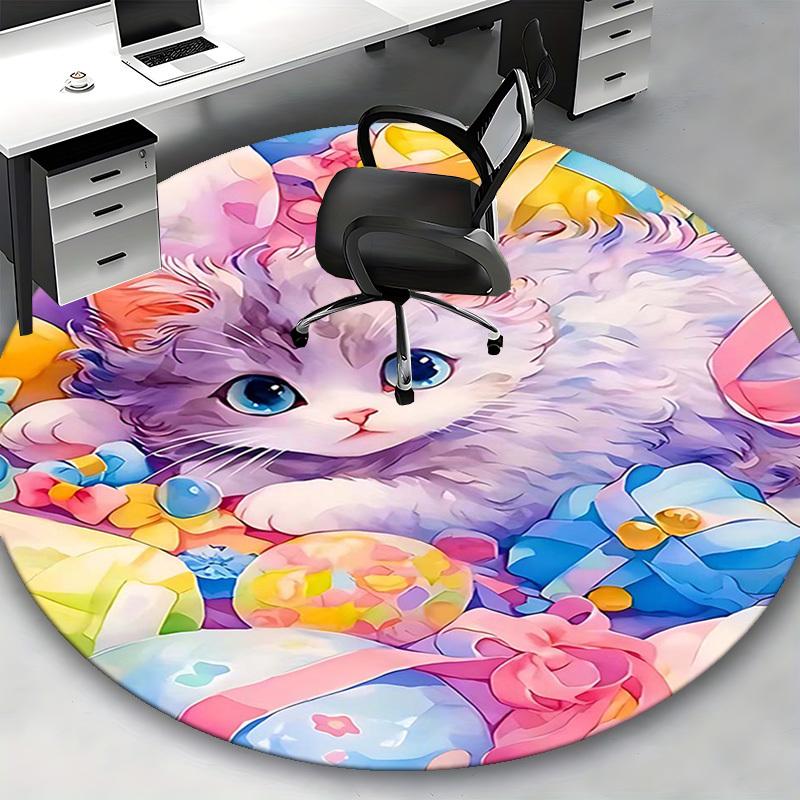 1pc Anime Design Round Carpet Cute Kitten with Colorful Flowers Chair Mat for Office, Home Decor, Living Room, Bedroom, Game Room, Non Slip Rug