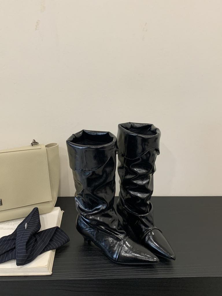 European and American Spice Girls Style Patent Leather Pointed Pleated Pile Boots Women's 2025 Autumn and Winter New Trendy Two Wear Low Heel High B