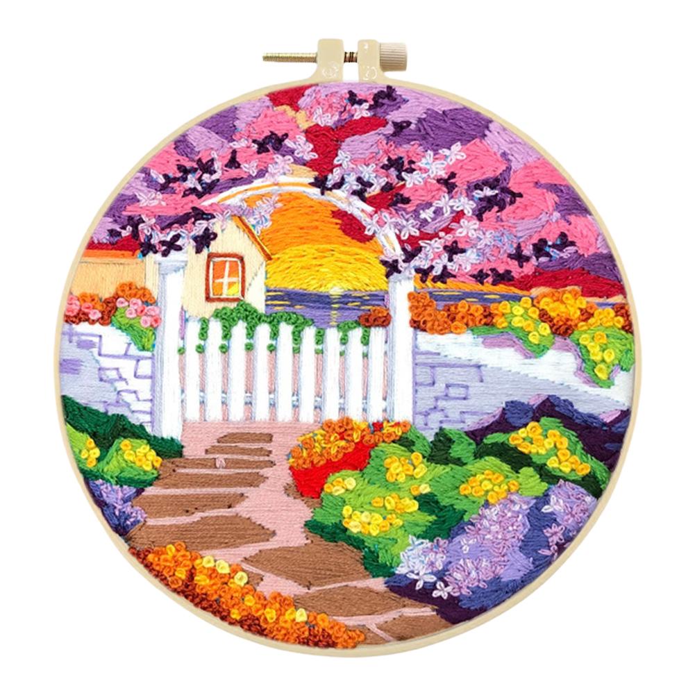 Landscape Stamped Cross Stitch Embroidery Kits with Hoop Cloth Color Thread