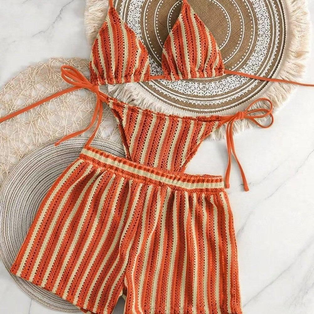 

Stripes Bikini Bathing Suit Sleeveless Knitting Swimsuit Fashion 3 in 1 Swimwear Set Ladies S помаранчевий