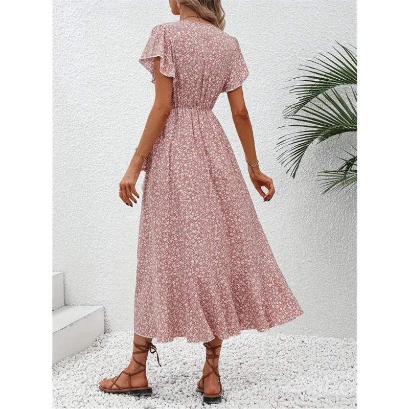 Kleine florale V-Ausschnitt Strickjacke mit Bändern, kurzärmeliges böhmisches Big-Swing-Urlaubskleid