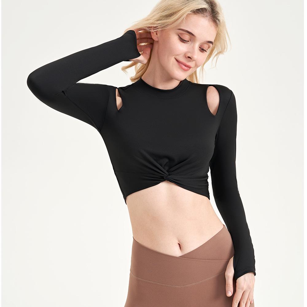 U-Back Long Sleeve Yoga Top with Semi-Fixed Teardrop Cups - Breathable, Quick-Drying Fitness Wear for Autumn & Winter