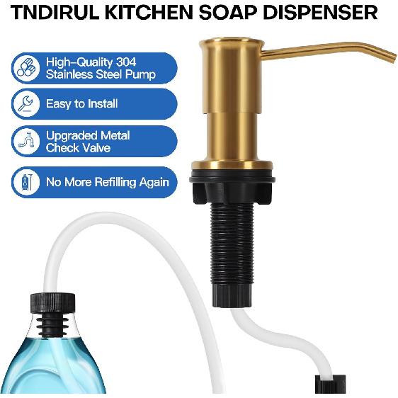 Soap Dispenser for Kitchen Sink, Brushed Gold Built In Soap Dispensers, Stainless Steel Sink Soap Dispenser or Lotion Dispenser Pump with 47"