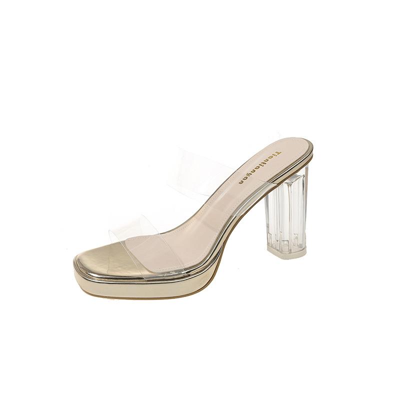 

Одно слово с прозрачным супер высоким каблуком водонепроницаемые тапочки на толстом каблуке крутые шлепанцы новая женская летняя уличная обувь 37 золотой