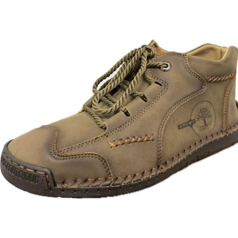 Spring Men'sShoes Short Boots Sewn Leather Boots High Top Leather Flat Bottom Outdoor Work Wear Casual Shoes Large Size Sneakers
