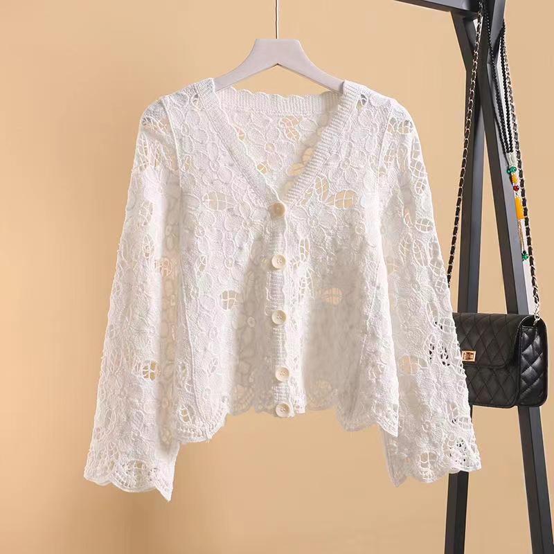 Women's Bohemian Hollow Knit Cardigan - Cotton Short-Sleeve, Lightweight for Spring/Summer