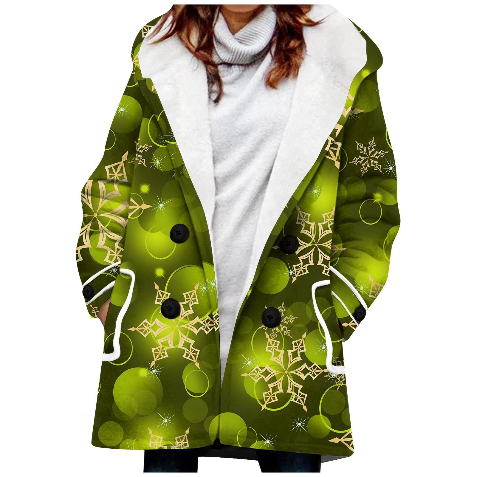 

Женское зимнее пальто, теплое лохматое пуховое пальто с капюшоном на пуговицах, рождественское пальто с принтом снежинок, куртка XL