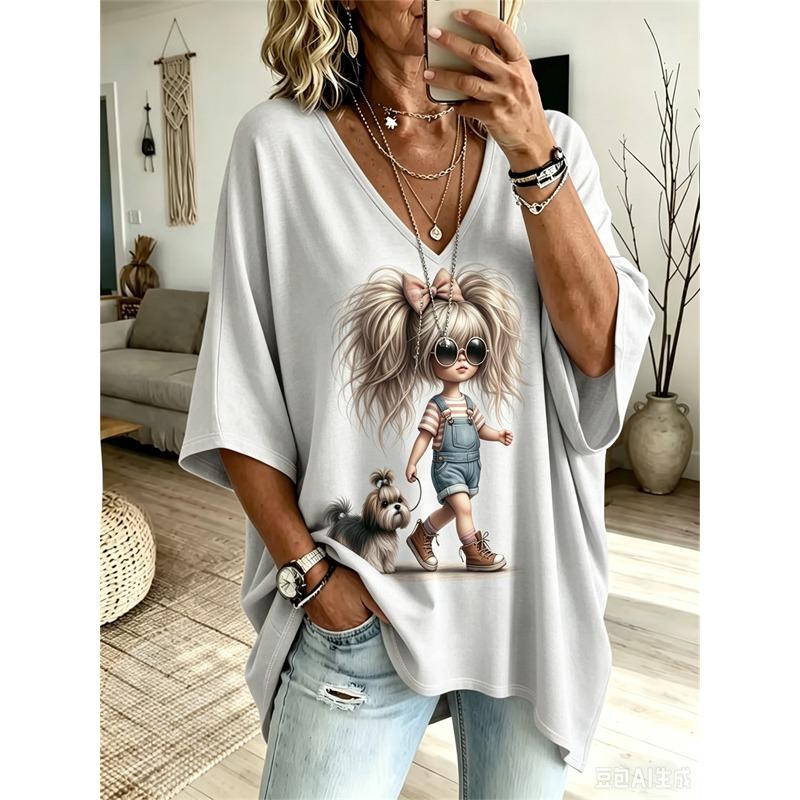 T-shirt da Donna Taglie Forti Scollo a V Maniche a Pipistrello Stampa Etnica Boemia Top Largo Estivo Comodo Traspirante Quotidiano Casual Stile Modellante