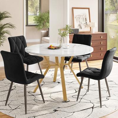 Dining Table and Chair Set (5-piece), Modern, Round, Made of Marble, Gold-colored Metal Table Legs + 4 Ergonomic Velvet Chairs, Black Dining Chairs