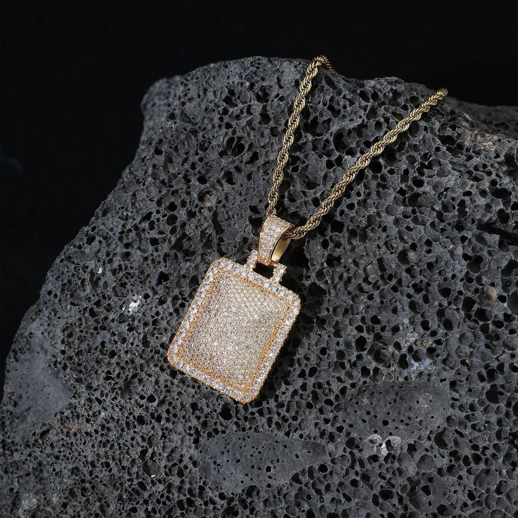 Explosive Copper Inlaid Zircon Full Diamond Military Brand Necklace, European and American Hip-hop Square Hanging Tag, Men's Trendy Accessory