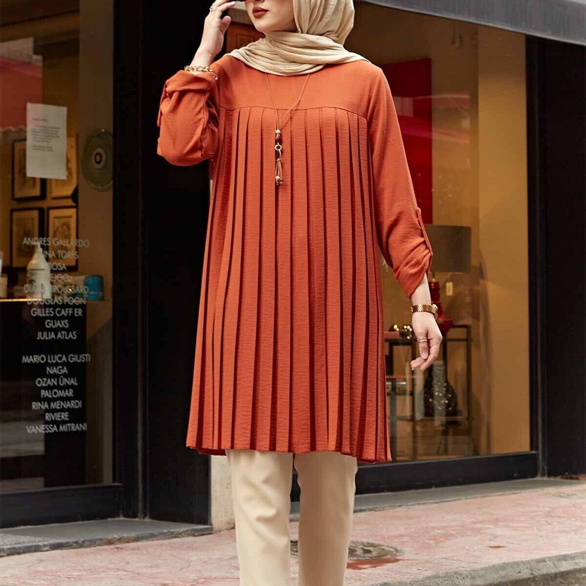 

S-5XL Плюс Размер Дубай Абая Мусульманские Женщины Платье Топы С Длинным Рукавом Повседневные Плиссированные Скромные Мусульманские Блузки Рубашки XL оранжевый