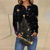 Women's Fashionable Loose-Fit Button-Down Collar Christmas Print Long-Sleeved Top