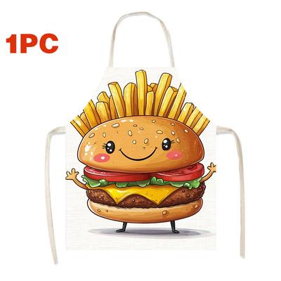 1pc Linen Apron Cartoon Hamburger with Fries Funny Food Design Kitchen Cooking Gift for Kids Adults Food Lover