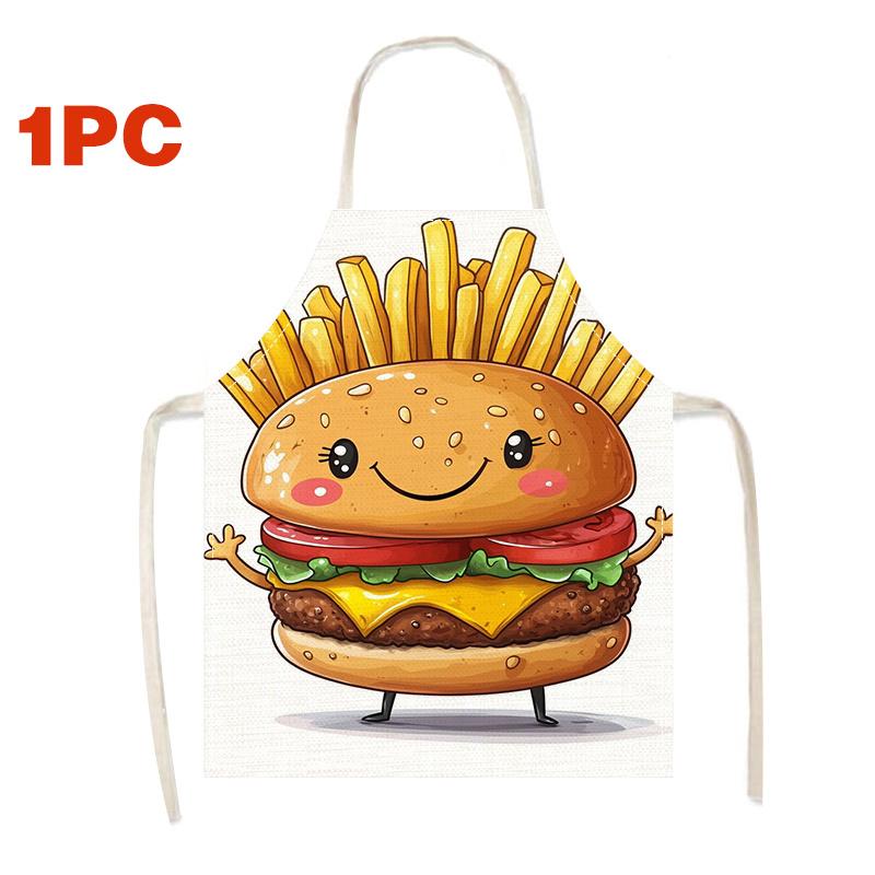 

1pc Linen Apron Cartoon Hamburger with Fries Funny Food Design Kitchen Cooking Gift for Kids Adults Food Lover 38X47cm(15X19in)