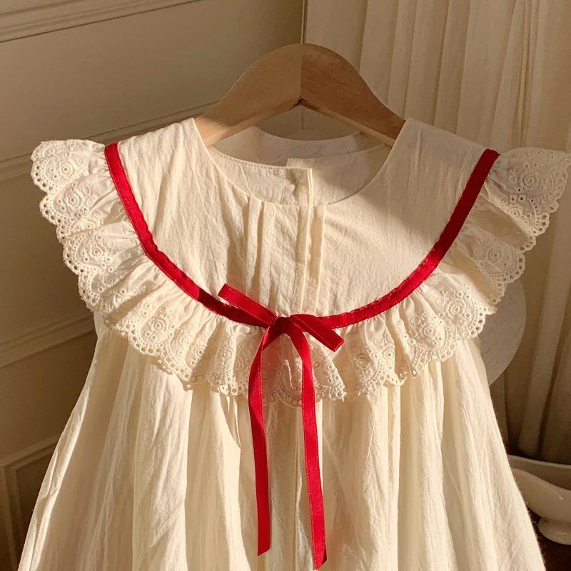 Dress Korean Lace Summer Round Neck Lace Cute and Sweet Buttful Knot Princess Dress Kids Clothes Girls