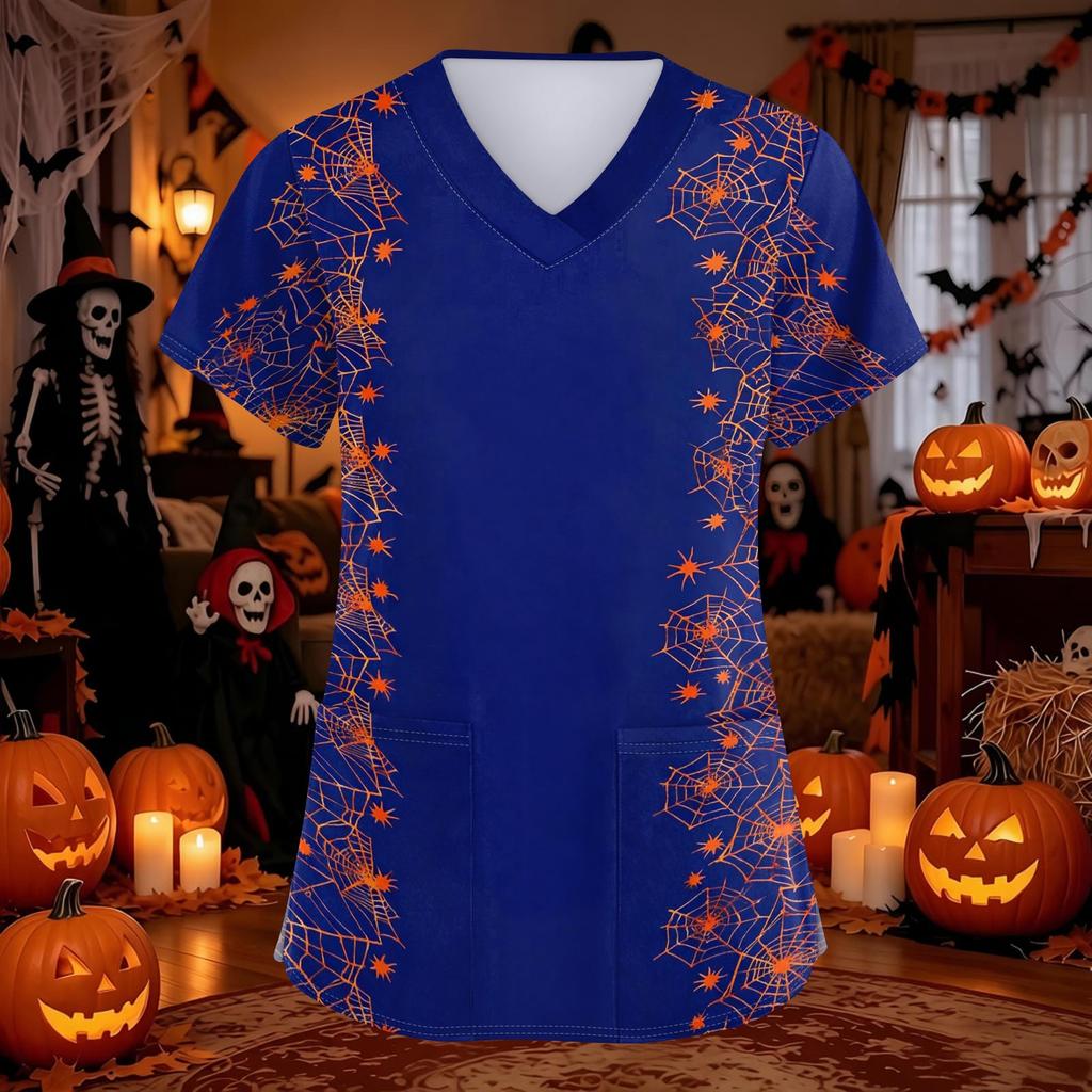 Women's Halloween Print Scrub Top with V-Neck and Pockets, Comfort Fit