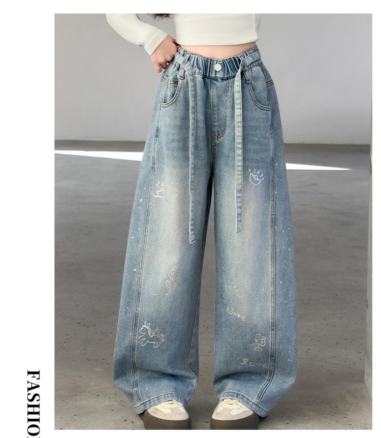 Nuovi Pantaloni Jeans Larghi a Gamba Larga Stampati Stile Coreano da Ragazza 2026